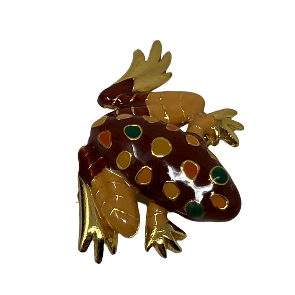 Frog Brooch Brown Enamel Pendant Green Yellow‎ Spots Gold Tone